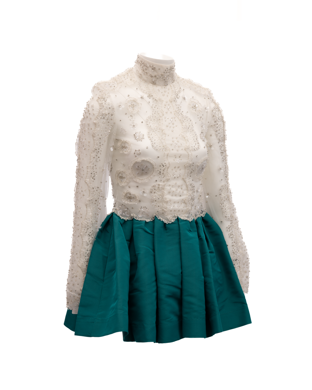 White Beaded Lace Mini Dress with Teal Skirt