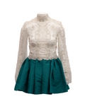 White Beaded Lace Mini Dress with Teal Skirt
