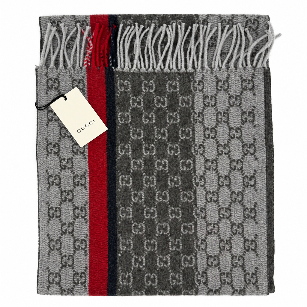 Monogram Grey Cashmere & Wool Scarf with Red & Black Stripe