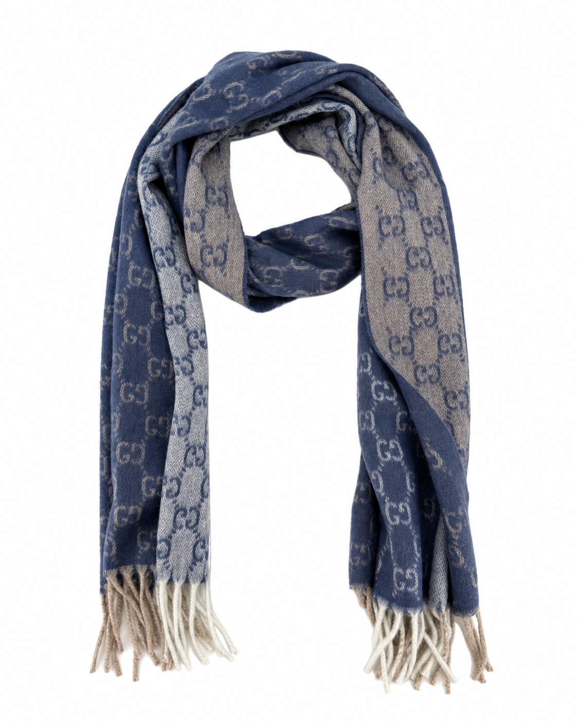 Monogram Blue Cashmere & Wool Scarf with Beige & Cream Fringe
