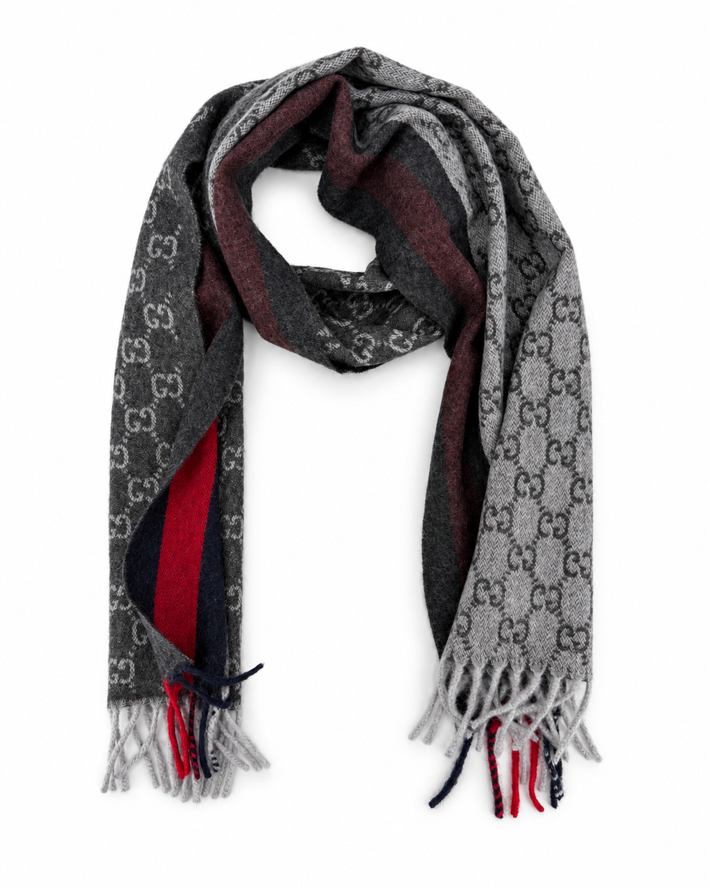 Monogram Charcoal Grey Cashmere & Wool Scarf with Red & Navy Stripe