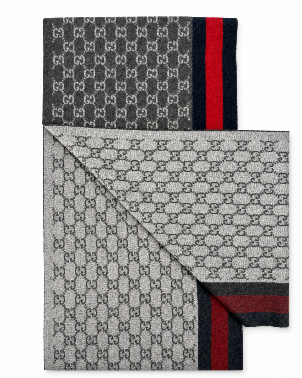 Monogram Charcoal Grey Cashmere & Wool Scarf with Red & Navy Stripe