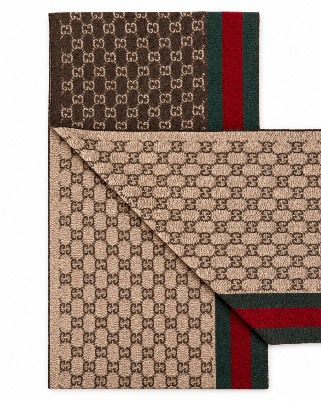 Monogram Brown Cashmere & Wool Scarf with Green & Red Web Stripe